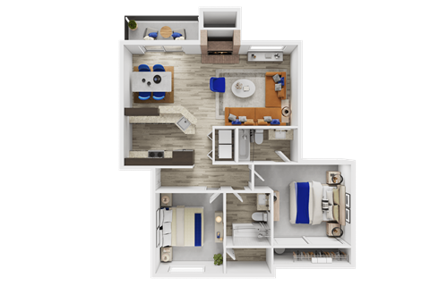 A top-down view of a small apartment layout with a kitchen, living room, and bedrooms.